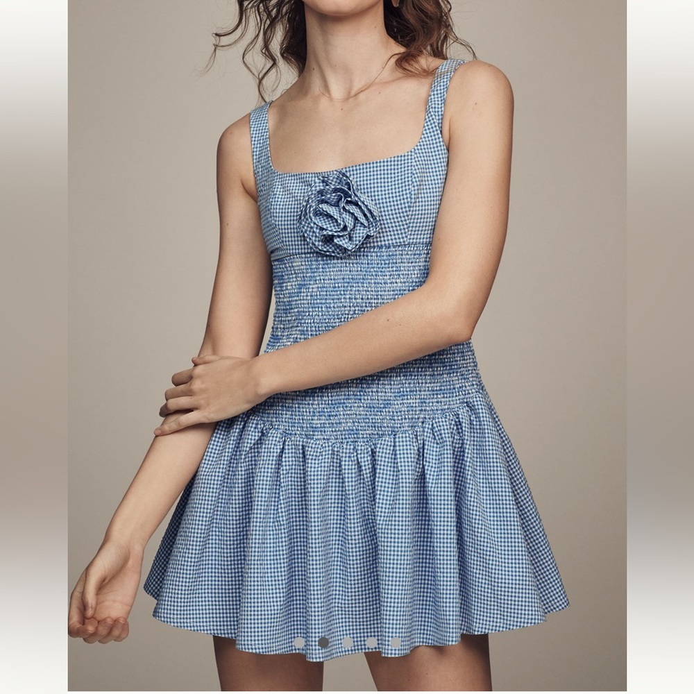Anthropologie Maeve Smocked Rosette Drop Waist Mini Dress Blue White MEDIUM NEW